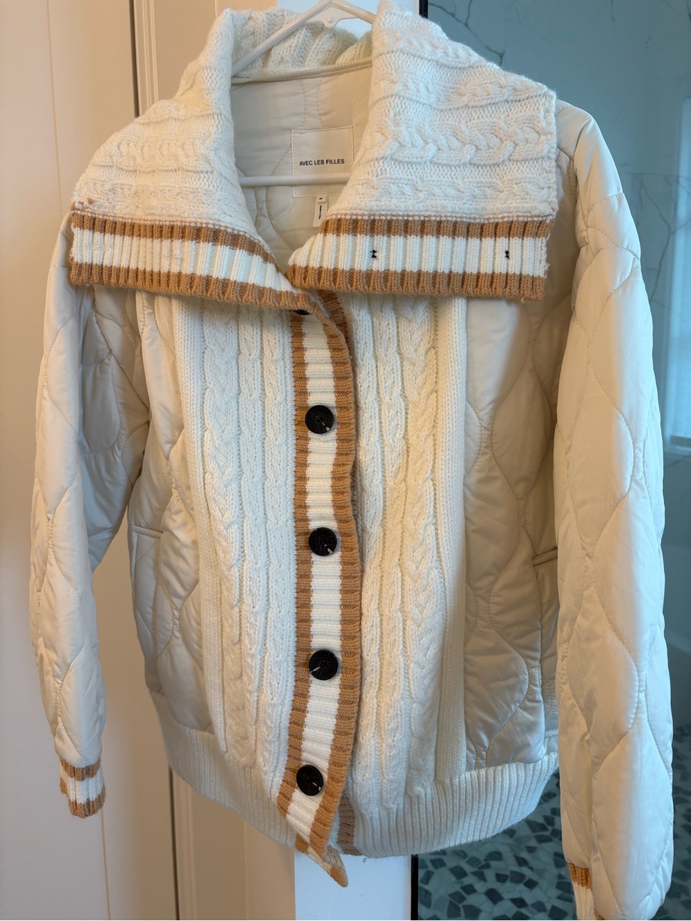 Avec Les Filles Cream Quilted Cable-Knit Jacket